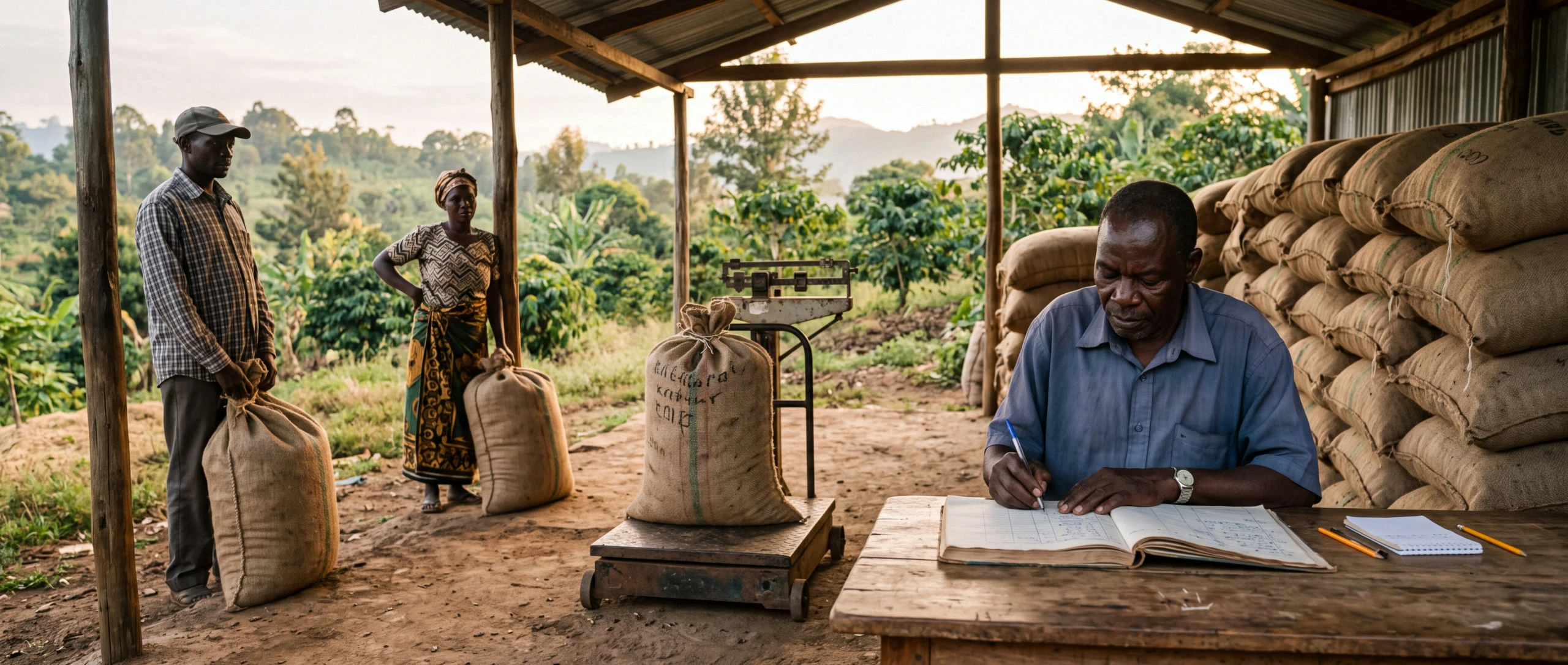 A clerk records a weighing in a ledger at a cooperative collection point while farmers wait with sacks of coffee