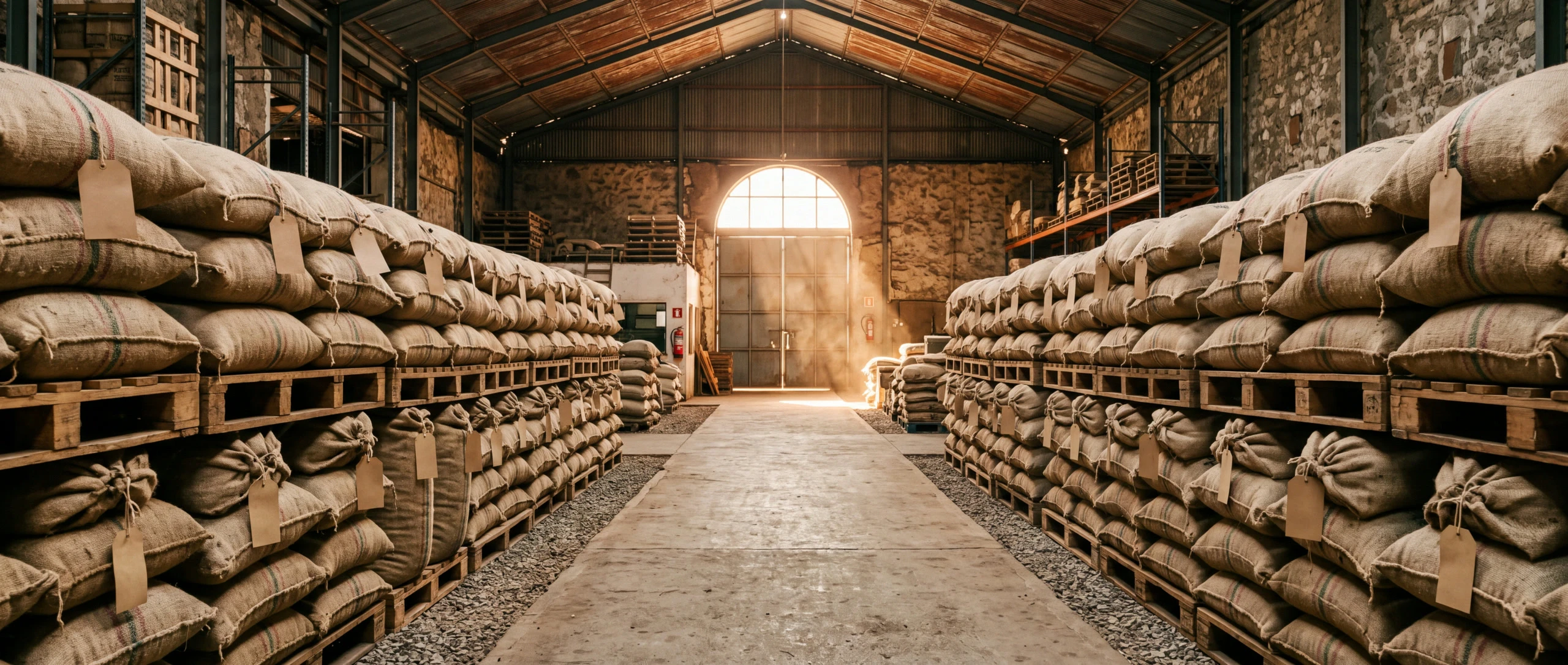 Rows of tagged coffee sacks on pallets in an export warehouse, an aisle receding into warm light