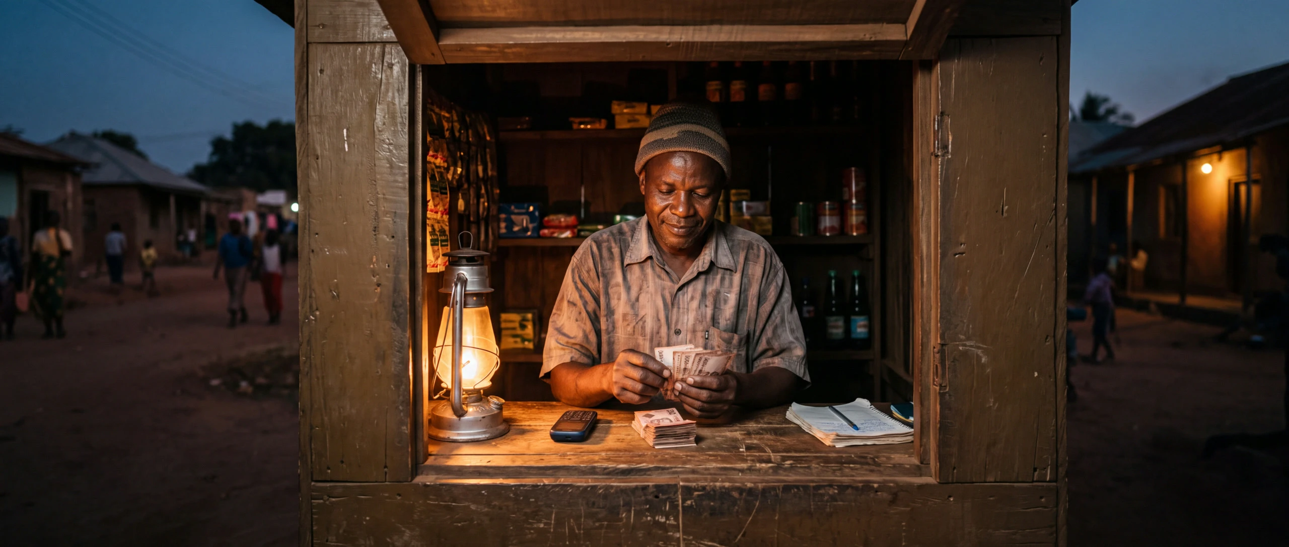 A rural mobile-money kiosk at dusk, banknotes changing hands beside a feature phone on the counter