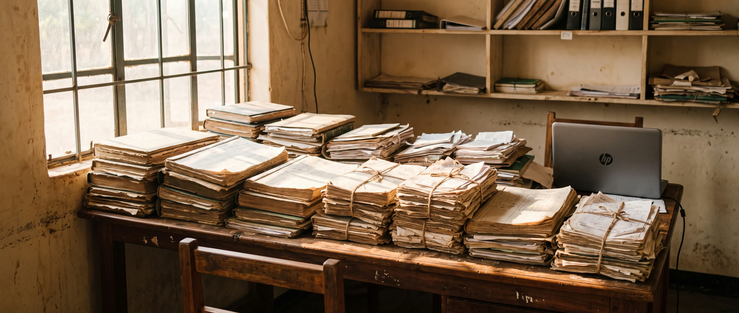Stacks of worn paper ledger books and bundled receipts on a cooperative office desk, a closed laptop beside them
